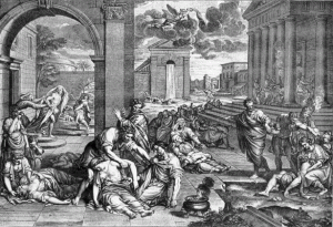 "Die Pest in Epiros" ("The Plague in Epirus") a copper engraving by Pierre Mignard (1610-1665) depicts a bubonic plague epidemic.